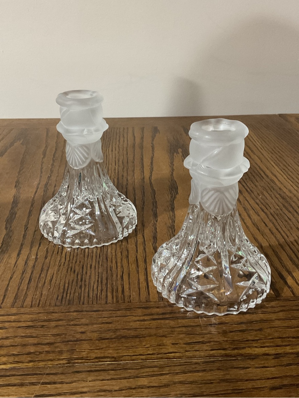 Clear Crystal Glass Candlestick Pair with Frosted Accent